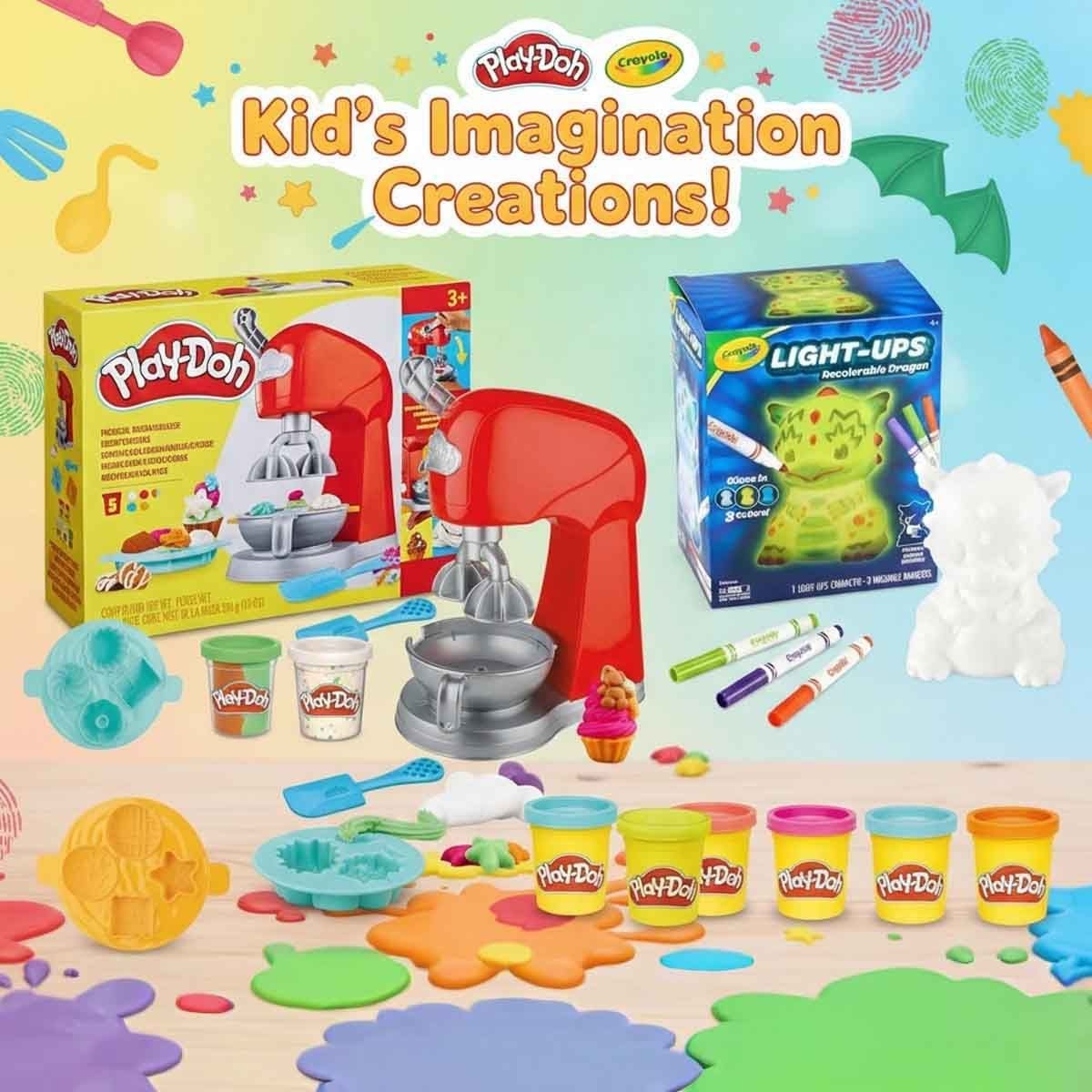 بلاي-دو مجموعة معجون النيون مع خلاط المطبخ وطقم التنين المتوهج، للجنسين، 3-4 سنوات