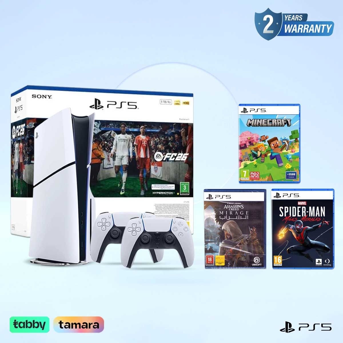 سوني بلايستيشن 5 جهاز ألعاب إصدار قارئ أقراص Blu-ray مع FC26 + Assassin's Creed Mirage + سبايدر مان مايلز موراليس + ماينكرافت حزمة ألعاب مع وحدة تحكم DualSense لاسلكية