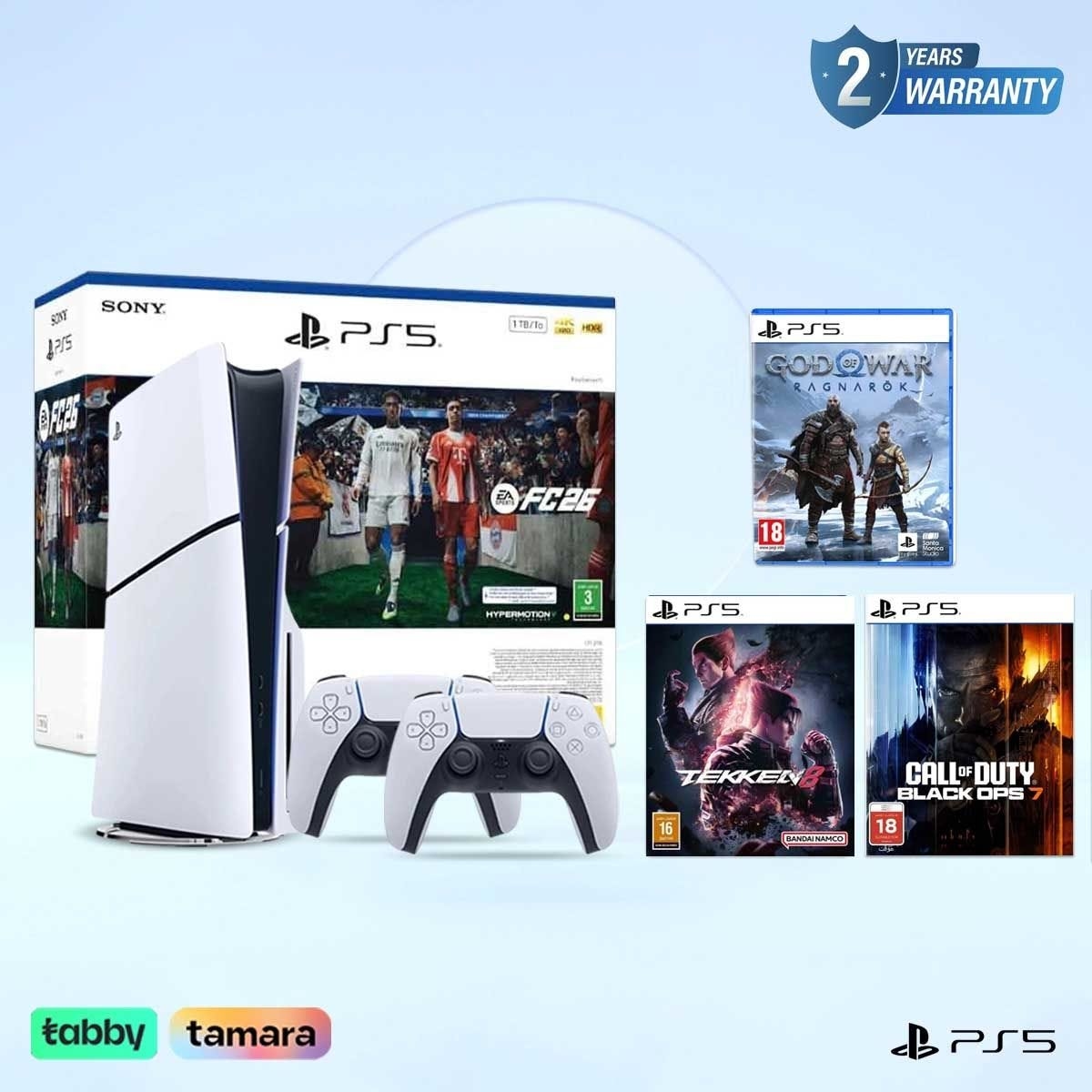 سوني بلايستيشن 5 جهاز ألعاب إصدار قارئ أقراص Blu-ray مع FC26 + Black Ops 7 + God of War Ragnarok + Tekken 8 حزمة ألعاب مع وحدة تحكم DualSense لاسلكية