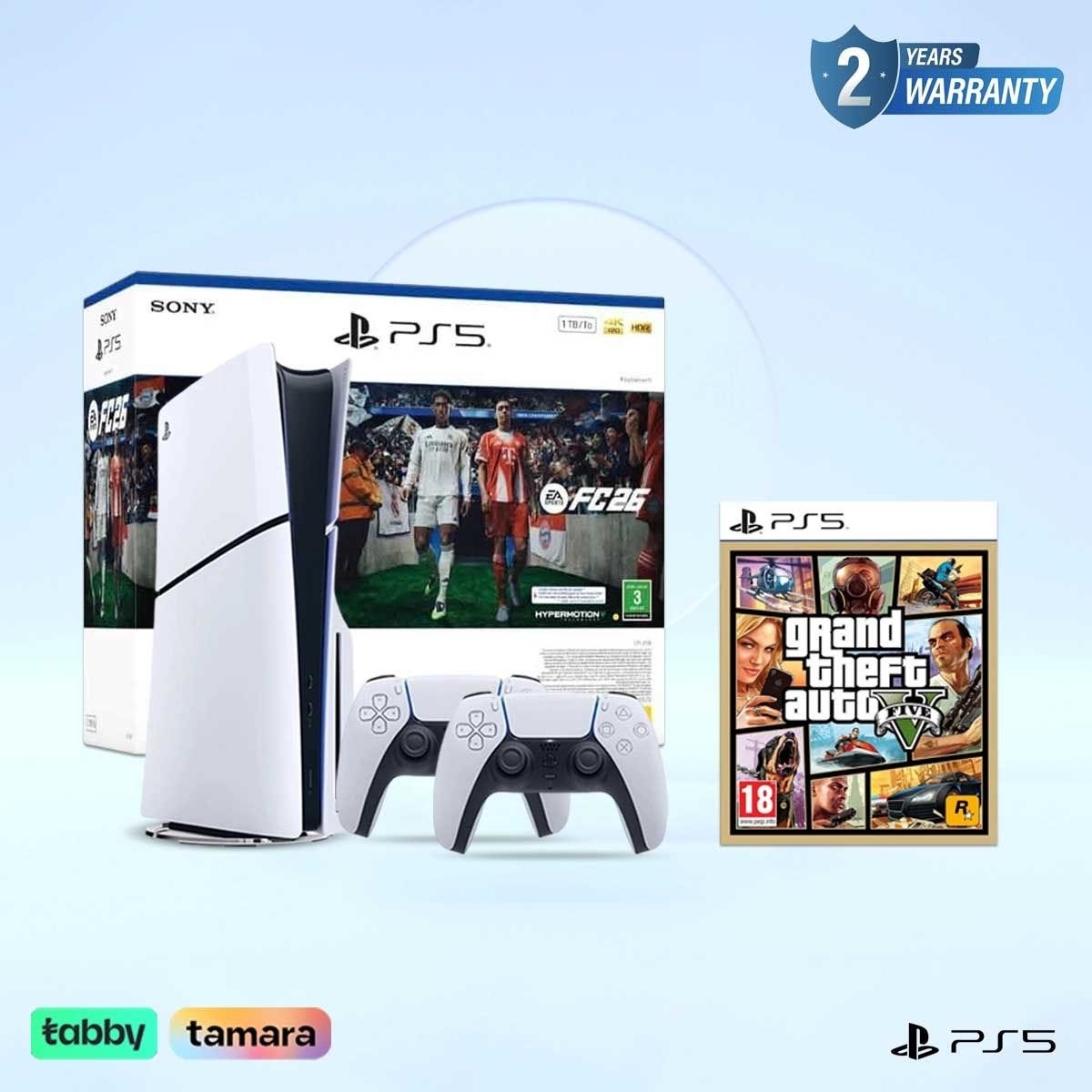 سوني بلايستيشن 5 جهاز ألعاب إصدار قارئ أقراص Blu-ray مع FC26 + GTA 5 حزمة ألعاب مع وحدة تحكم DualSense لاسلكية