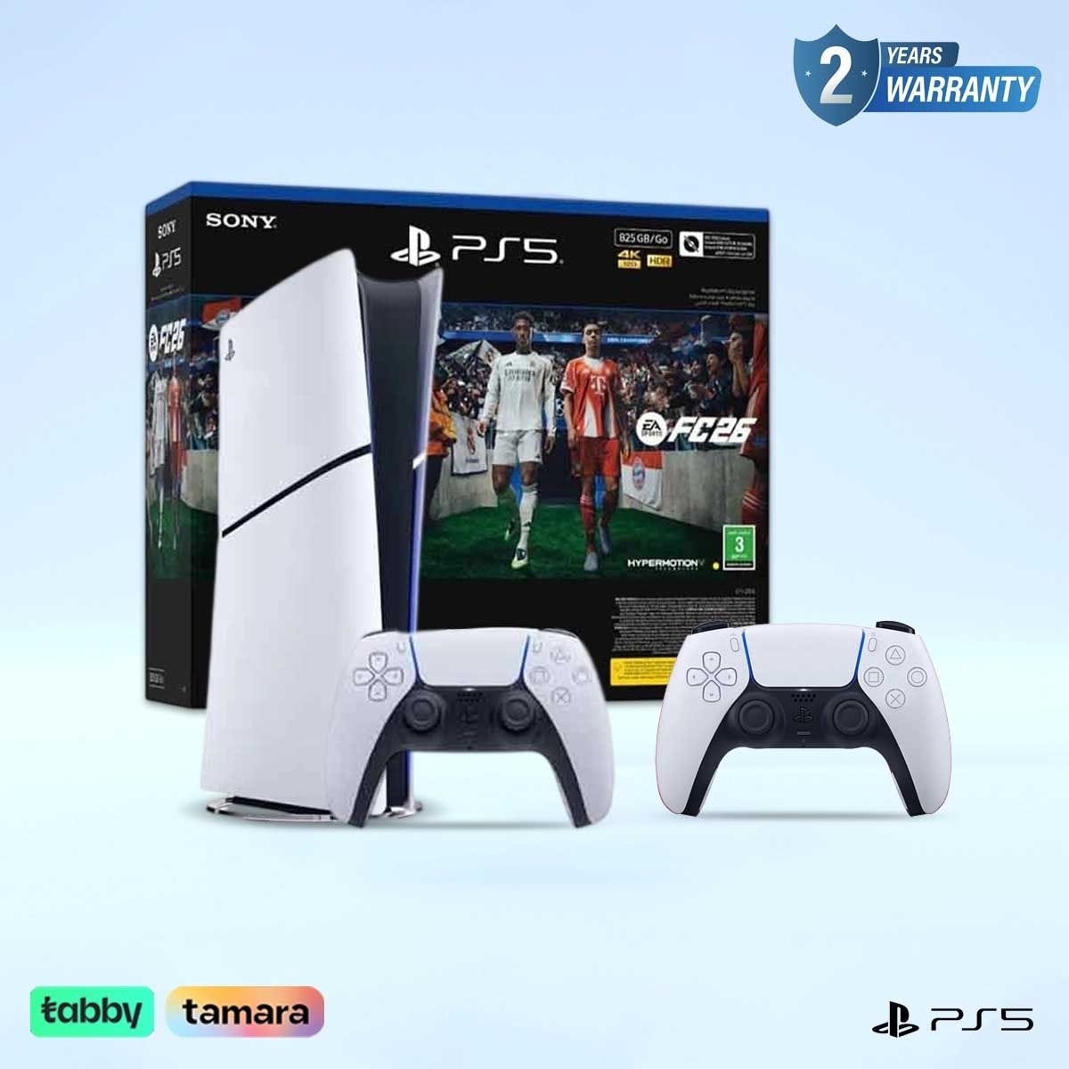 سوني بلايستيشن 5 جهاز ألعاب الإصدار الرقمي 825 جيجابايت مع لعبة EA Sports FC26 (نسخة السعودية) حزمة مع وحدة تحكم DualSense لاسلكية أبيض (نسخة السعودية)