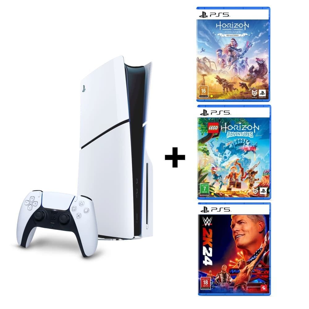 جهاز ألعاب بلاي ستيشن 5 سليم بلوراي مع مجموعة ألعاب هورايزون زيرو دوون ريماسترد + ليجو هورايزون أدفنتشرز + لعبة WWE2K24