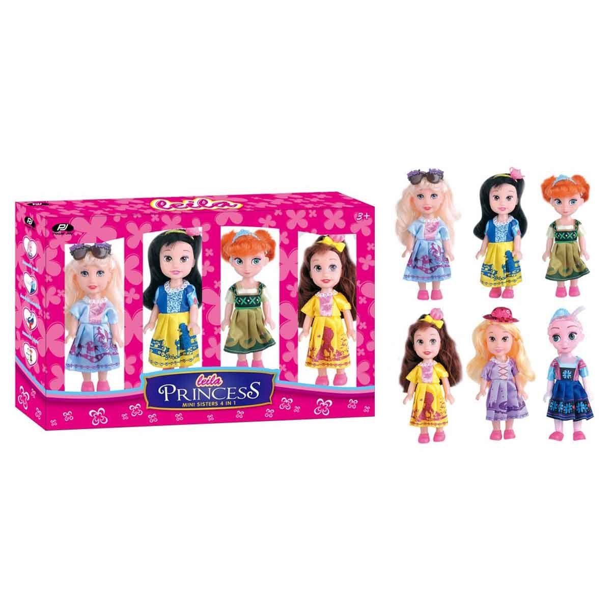Power Joy 16 cm Leila Princess Mini Sisters 4 In 1 Assorted Doll Girls, 3-4 Years, Pack of 4