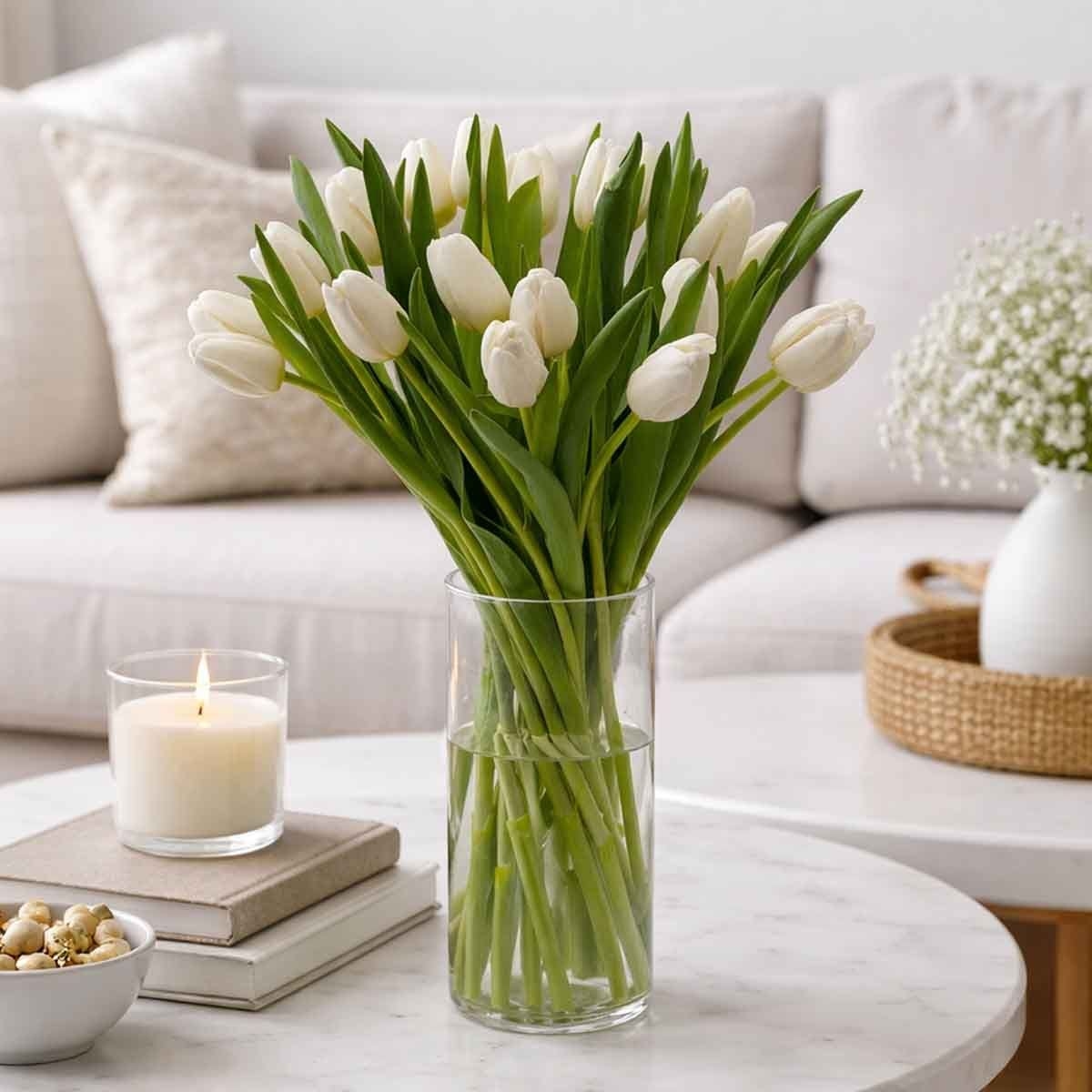 تنسيق توليب النقاء في مزهرية من الزهور الطبيعية – 20 زهرة توليب