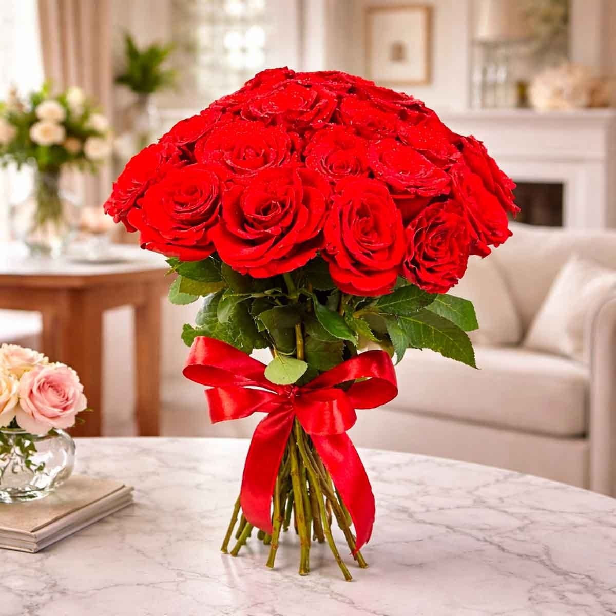 باقة ورد أحمر مربوطة يدويًا من الورد الطبيعي – تنسيق 40 وردة حمراء