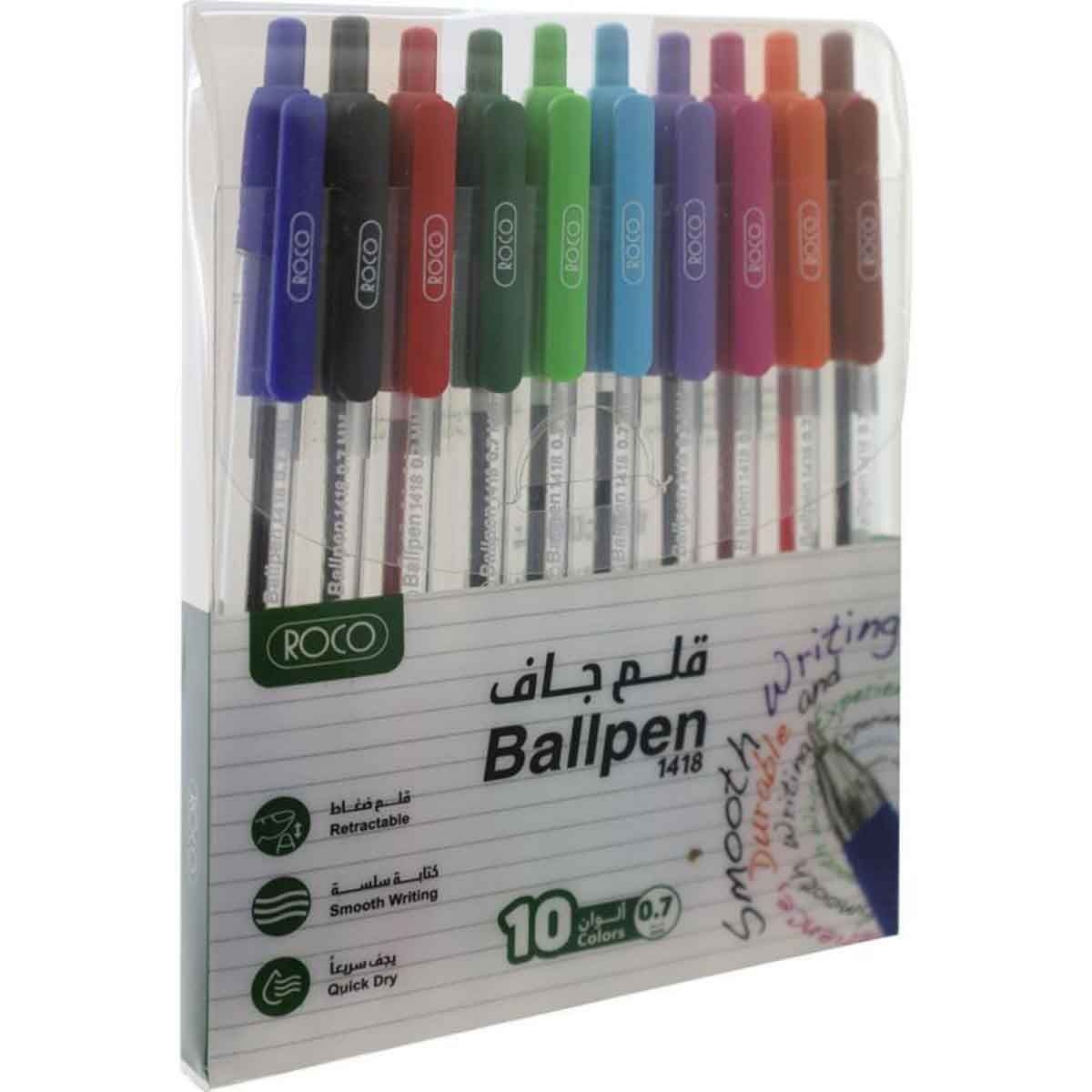 Roco 10-Piece 0.7mm Retractable Assorted Ballpoint Pen Set