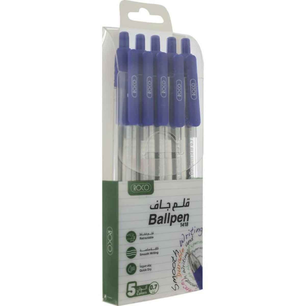 Roco Blue 5-Piece 0.7mm Retractable Ballpoint Pen Set