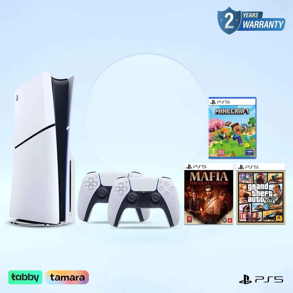 سوني بلايستيشن 5 إصدار الأقراص Blu-Ray نسخة السعودية مع وحدة تحكم دوال سينس لاسلكية باللون الأبيض وباقة ألعاب ماينكرافت + جي تي اي 5 + مافيا البلد القديم
