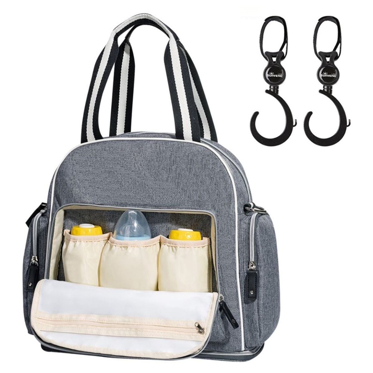 صنفينو حقيبة حفاضات أمومة سيغنتشر باللون الرمادي مع خطافات عربة للأطفال