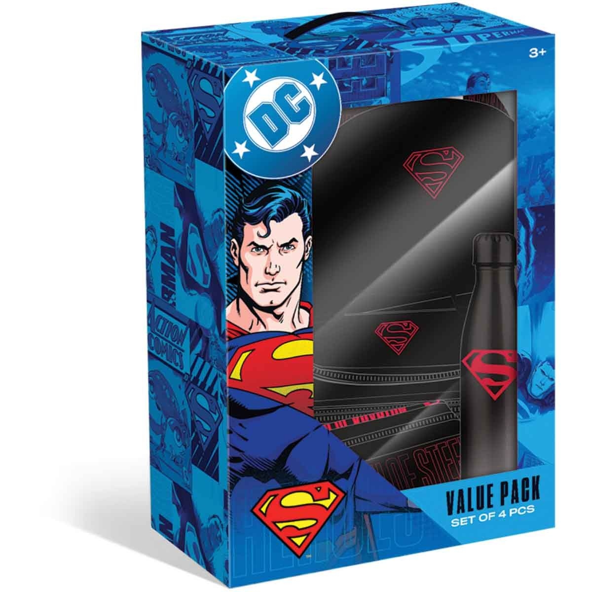 دي سي سوبرمان مجموعة حقيبة ظهر 4 في 1 مع حقيبة غداء معزولة ومقلمة وزجاجة ماء