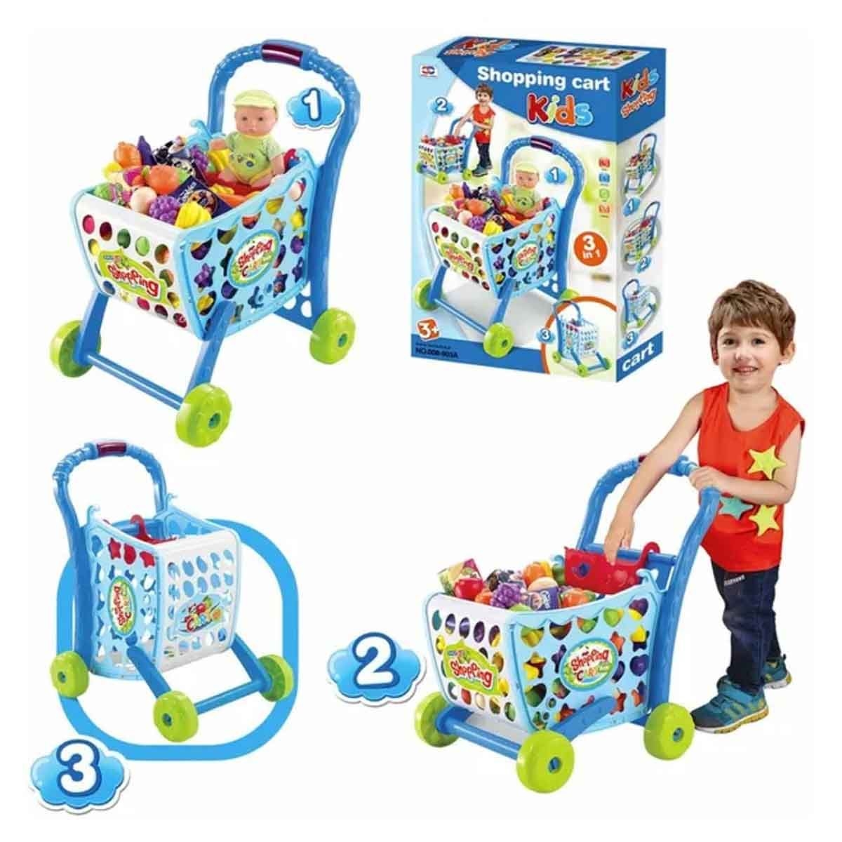 شيونغ تشينغ عربة تسوق أطفال 3 في 1 باللون الأزرق للجنسين 3-4 سنوات